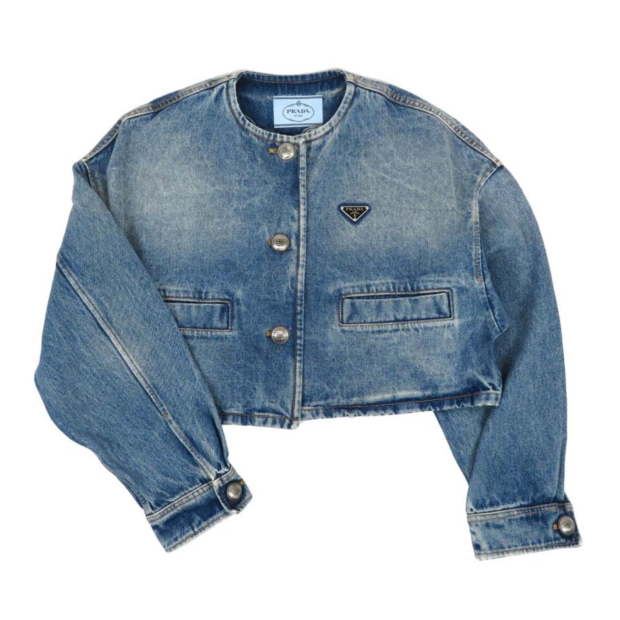 PRADAデニムジャケット　トライアングルロゴ38サイズお探しの方はぜひ PRADA（プラダ） トライアングル ロゴ ノーカラー デニムジャケット