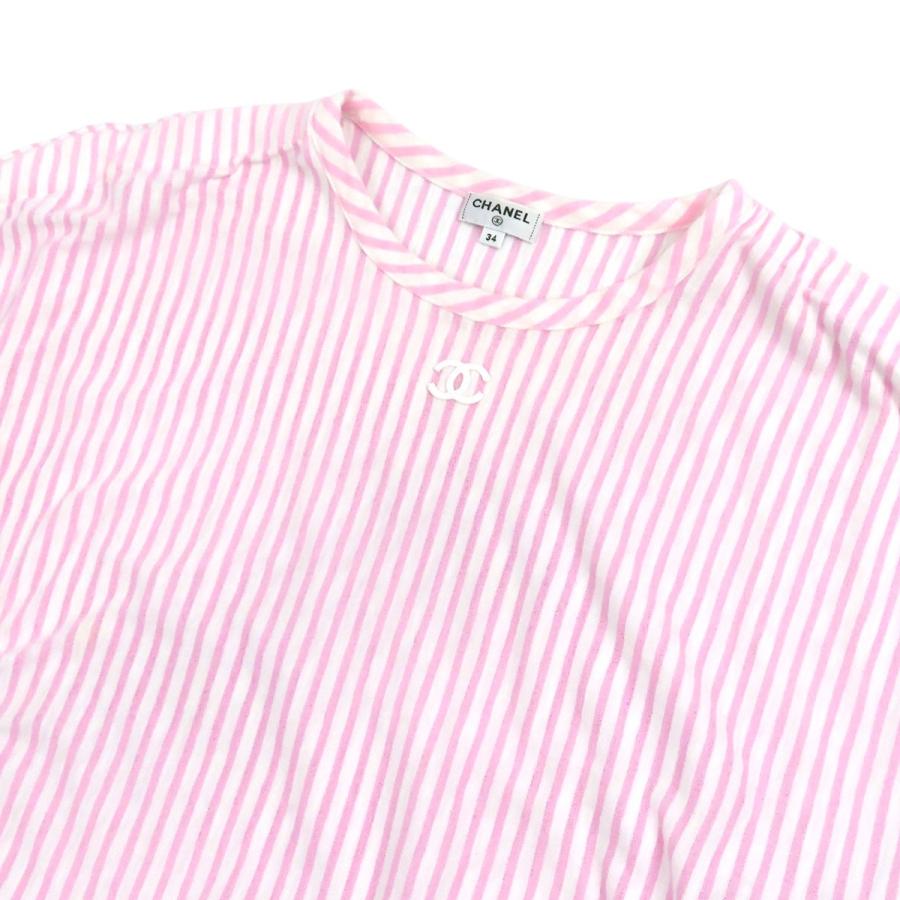 シャネル ココマーク ストライプ 半袖 カットソー P60251V45745 レディース ピンク CHANEL 【中古】 【アパレル・小物】 CHANEL（シャネル） ココマーク ストライプ 半袖 カットソー