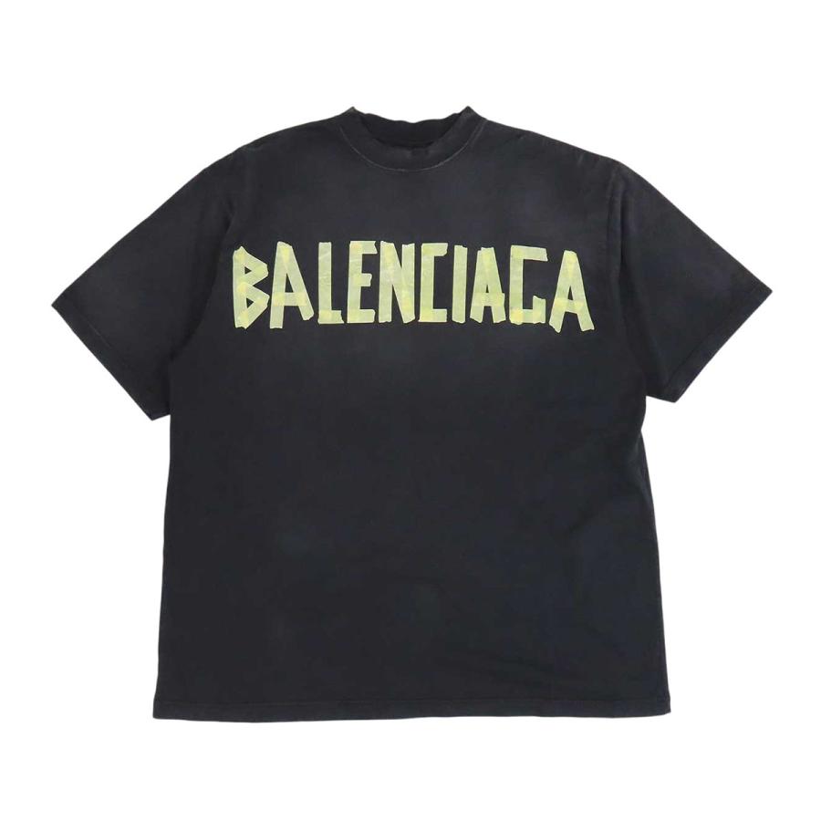 BALENCIAGA バレンシアガ 23SS 739784 TOVA9 テープロゴプリント ダメージ加工 半袖Tシャツ イエロー系 M【中古】 BALENCIAGA（バレンシアガ） テープ ロゴ Tシャツ 739784 ユニセックス