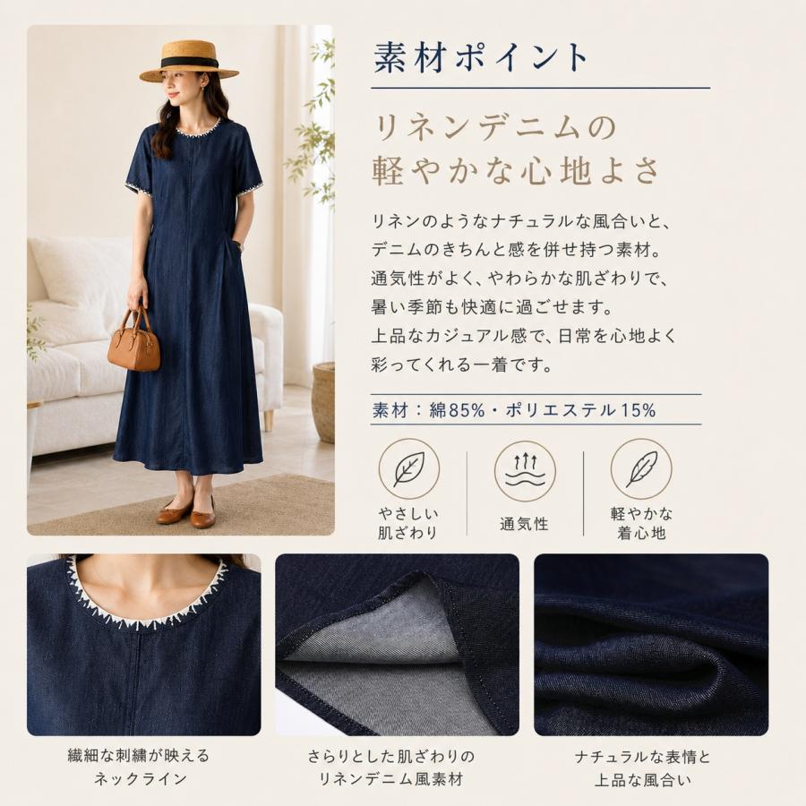 ワンピース レディース 夏 デニムワンピース 半袖 ロングワンピース Aライン 体型カバー ゆったり 刺繍デザイン 丸首 きれいめ カジュアル ブルー S~XL 2026新作の画像