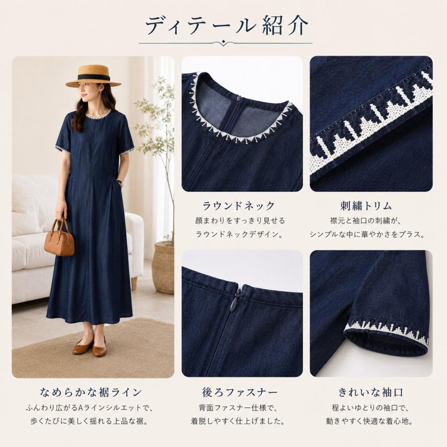 ワンピース レディース 夏 デニムワンピース 半袖 ロングワンピース Aライン 体型カバー ゆったり 刺繍デザイン 丸首 きれいめ カジュアル ブルー S~XL 2026新作の画像