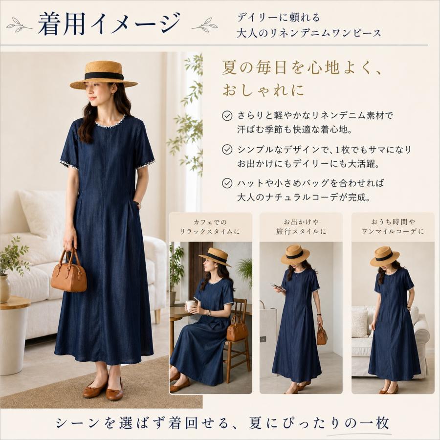 ワンピース レディース 夏 デニムワンピース 半袖 ロングワンピース Aライン 体型カバー ゆったり 刺繍デザイン 丸首 きれいめ カジュアル ブルー S~XL 2026新作の画像
