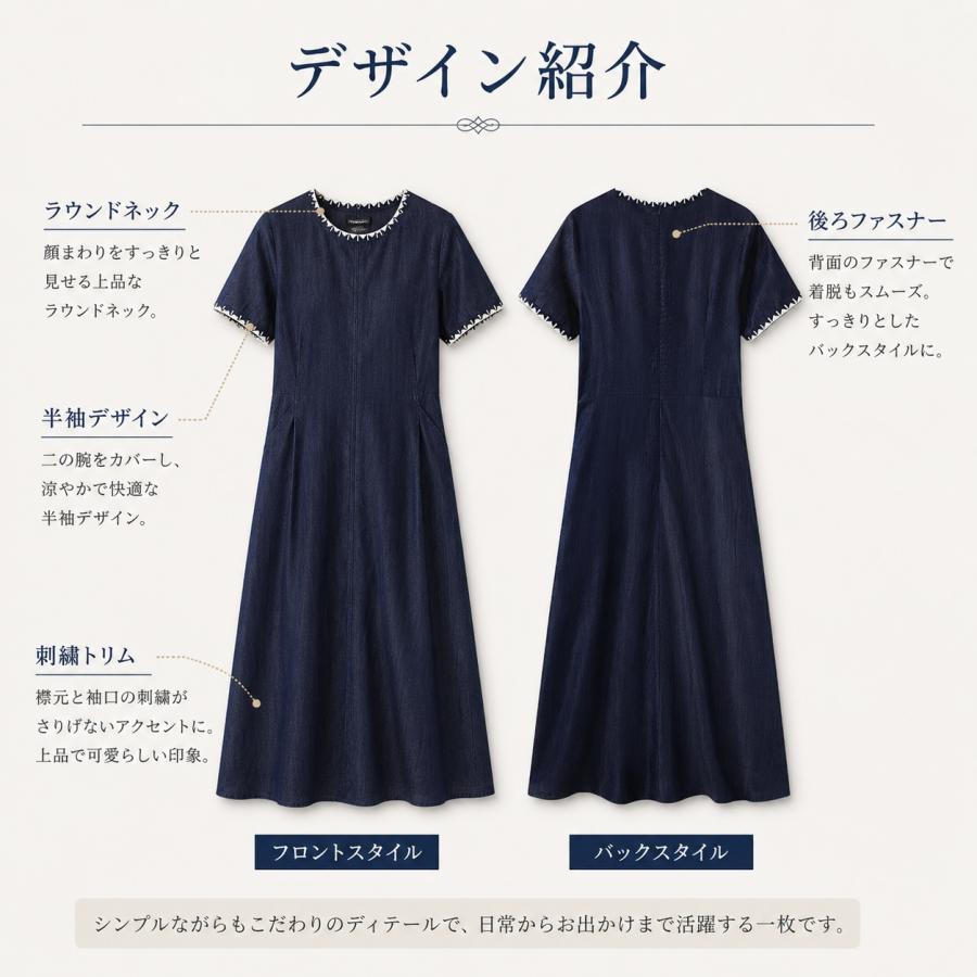 ワンピース レディース 夏 デニムワンピース 半袖 ロングワンピース Aライン 体型カバー ゆったり 刺繍デザイン 丸首 きれいめ カジュアル ブルー S~XL 2026新作の画像