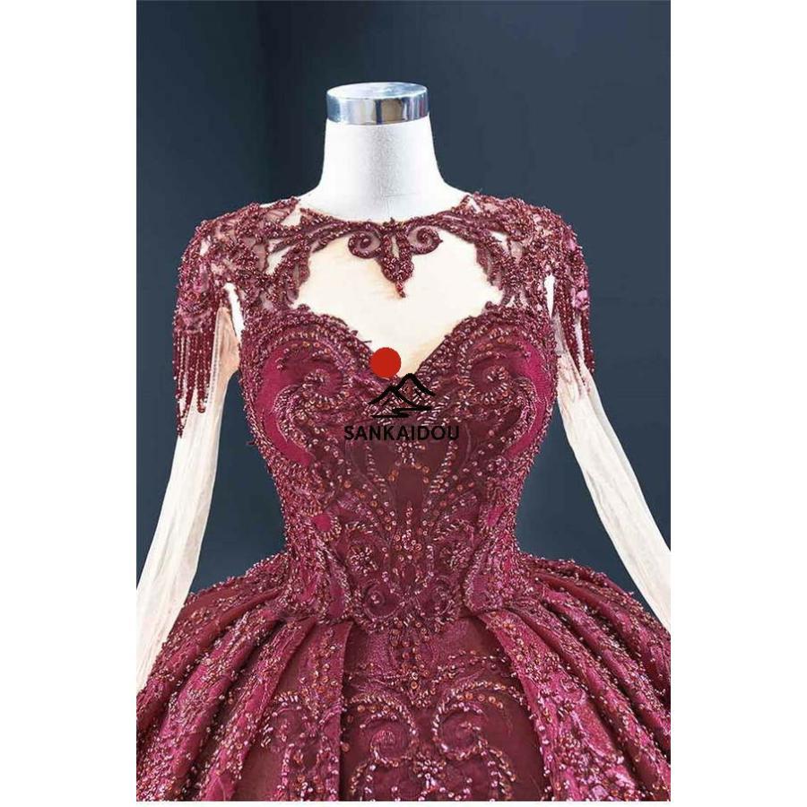 ★送料無料★豪華なロングドレス 長袖 二次会 手作 スパンコールレース 品質 刺繍 華やかなデザイン 希少な ドレス 【オーダーメード】 発表会 ロングドレスの画像