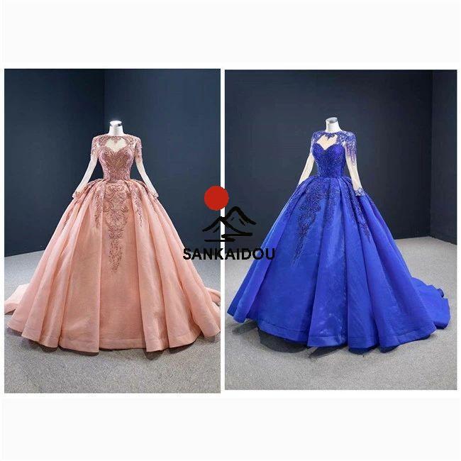 ★送料無料★豪華なロングドレス 長袖 二次会 手作 スパンコールレース 品質 刺繍 華やかなデザイン 希少な ドレス 【オーダーメード】 発表会 ロングドレスの画像
