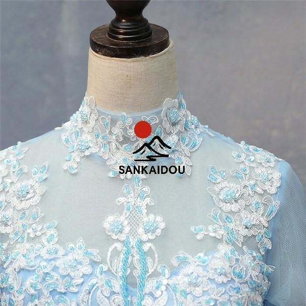 豪華な ロングドレス 演奏会 刺繍 長袖 ステージ 花の妖精 カラードレス ハイネック ウエディングドレス ブルー 姫系ドレス イベント 結婚式 パニエ付き サイズの画像