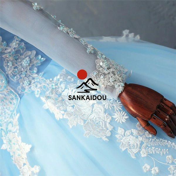 豪華な ロングドレス 演奏会 刺繍 長袖 ステージ 花の妖精 カラードレス ハイネック ウエディングドレス ブルー 姫系ドレス イベント 結婚式 パニエ付き サイズの画像