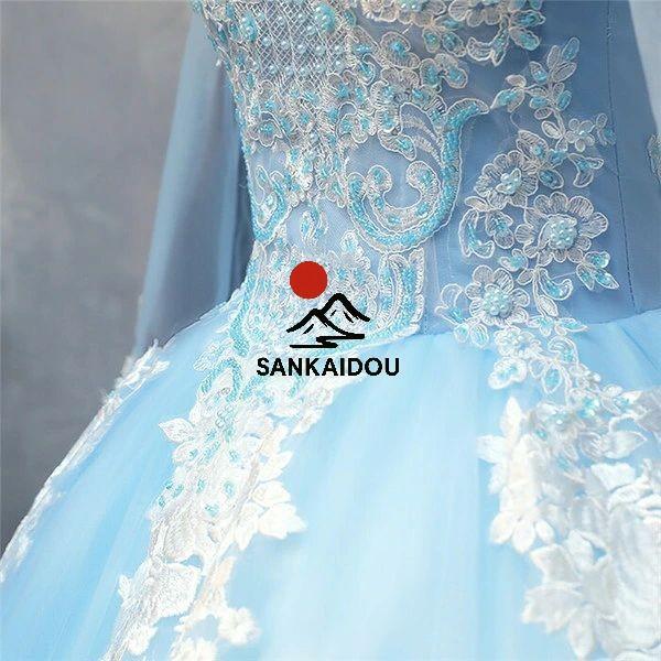 豪華な ロングドレス 演奏会 刺繍 長袖 ステージ 花の妖精 カラードレス ハイネック ウエディングドレス ブルー 姫系ドレス イベント 結婚式 パニエ付き サイズの画像