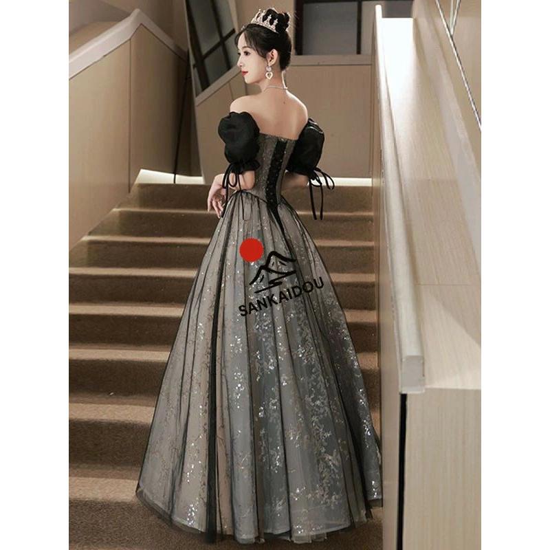 ドレス 大人 ピアノ 発表会 ロングドレス 小さいサイズ オフショルダー 半袖 演奏会 結婚式 母親 演奏会用ドレス ロング 黒 披露宴 レディース 演奏会ドレス ピ_2