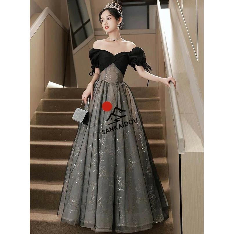 ドレス 大人 ピアノ 発表会 ロングドレス 小さいサイズ オフショルダー 半袖 演奏会 結婚式 母親 演奏会用ドレス ロング 黒 披露宴 レディース 演奏会ドレス ピ_6