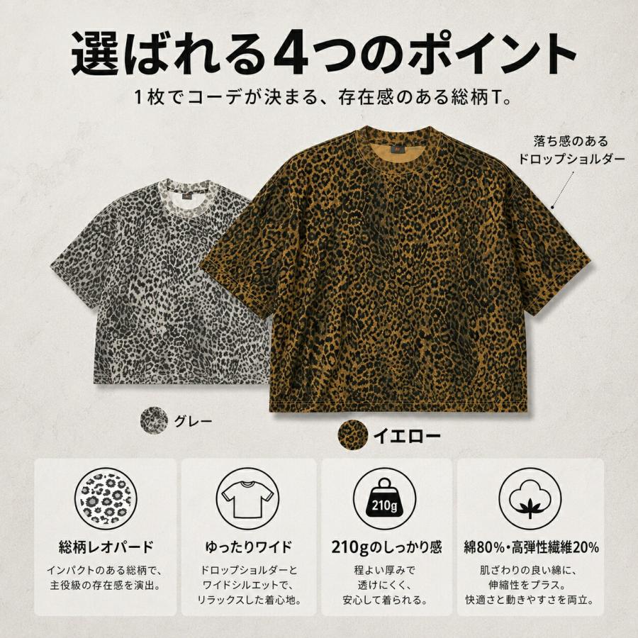 Tシャツ メンズ 半袖 レオパード柄 ヒョウ柄 総柄 綿混 210g ゆったり