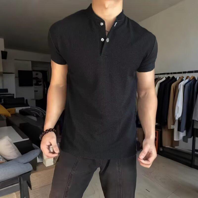 ヘンリーネックTシャツ メンズ 半袖 無地 夏服 スリム 形態安定 しわに