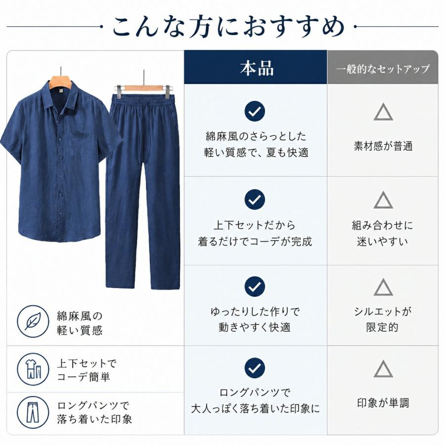 セットアップ メンズ 夏 半袖シャツ ロングパンツ 上下セット綿麻麻混