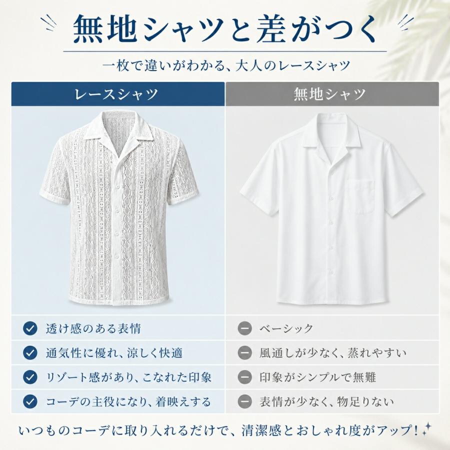 レースシャツ メンズ 半袖 夏 透かし編み ジャガード 白シャツ 開襟