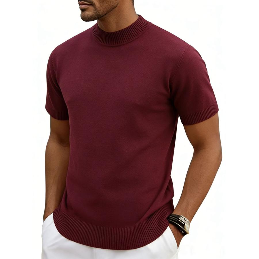 Tシャツ メンズ 半袖 夏 ニットTシャツ モックネック 接触冷感 無地
