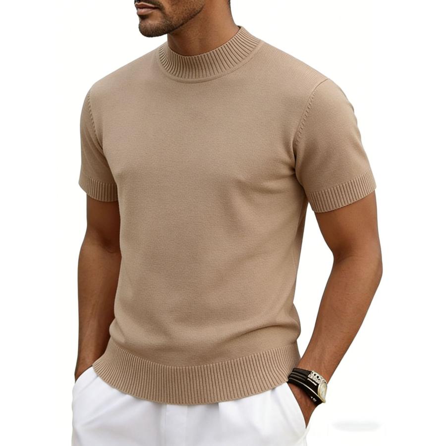 Tシャツ メンズ 半袖 夏 ニットTシャツ モックネック 接触冷感 無地