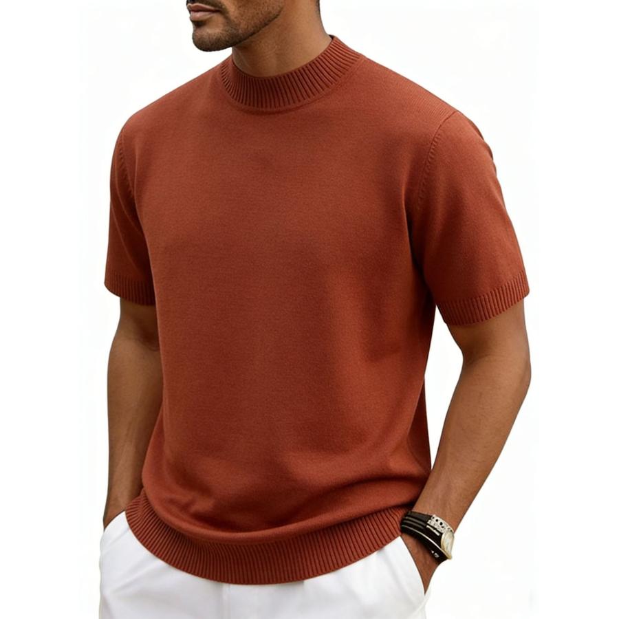 Tシャツ メンズ 半袖 夏 ニットTシャツ モックネック 接触冷感 無地