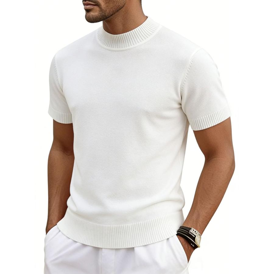 Tシャツ メンズ 半袖 夏 ニットTシャツ モックネック 接触冷感 無地
