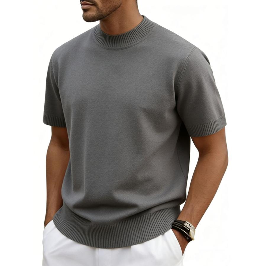 Tシャツ メンズ 半袖 夏 ニットTシャツ モックネック 接触冷感 無地