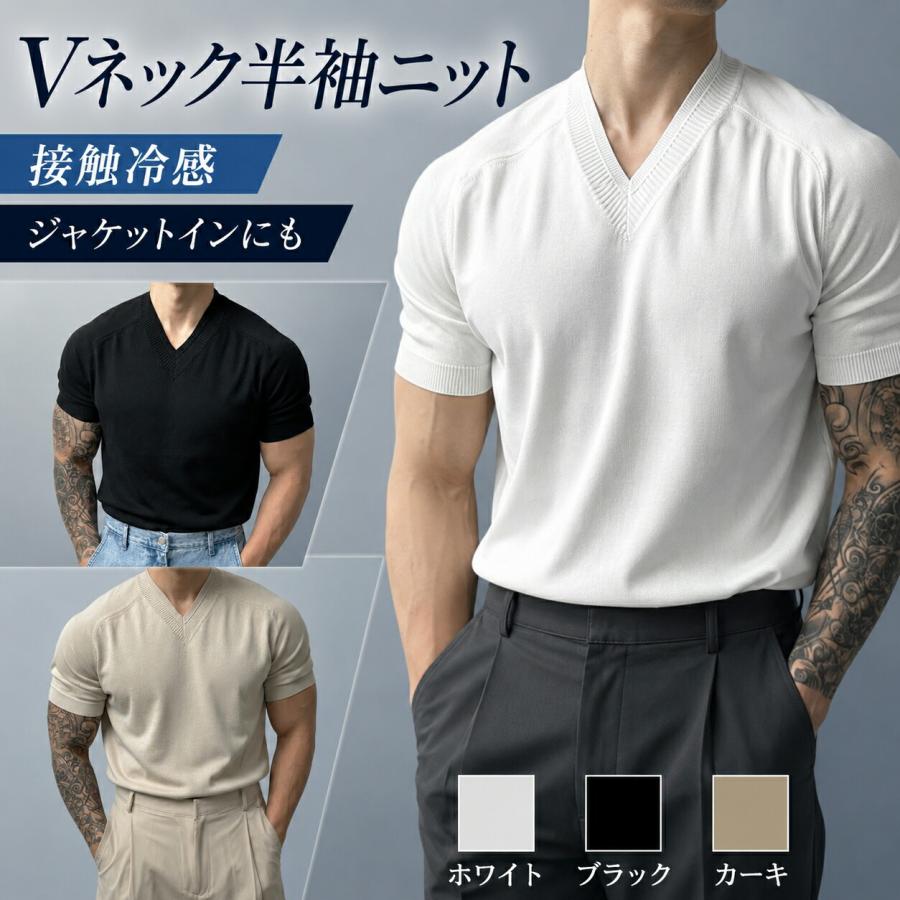 Tシャツ メンズ 半袖 サマーニット Vネック ニットTシャツ ひんやり