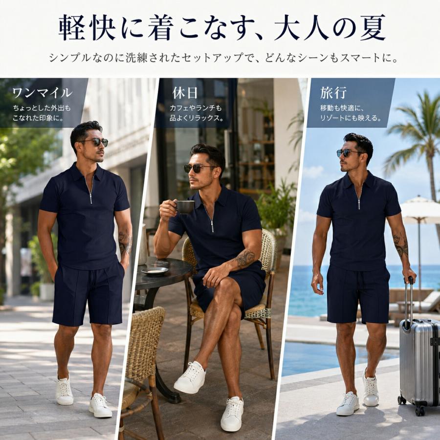 セットアップ メンズ 夏 半袖 ポロシャツ ハーフパンツ 上下セット