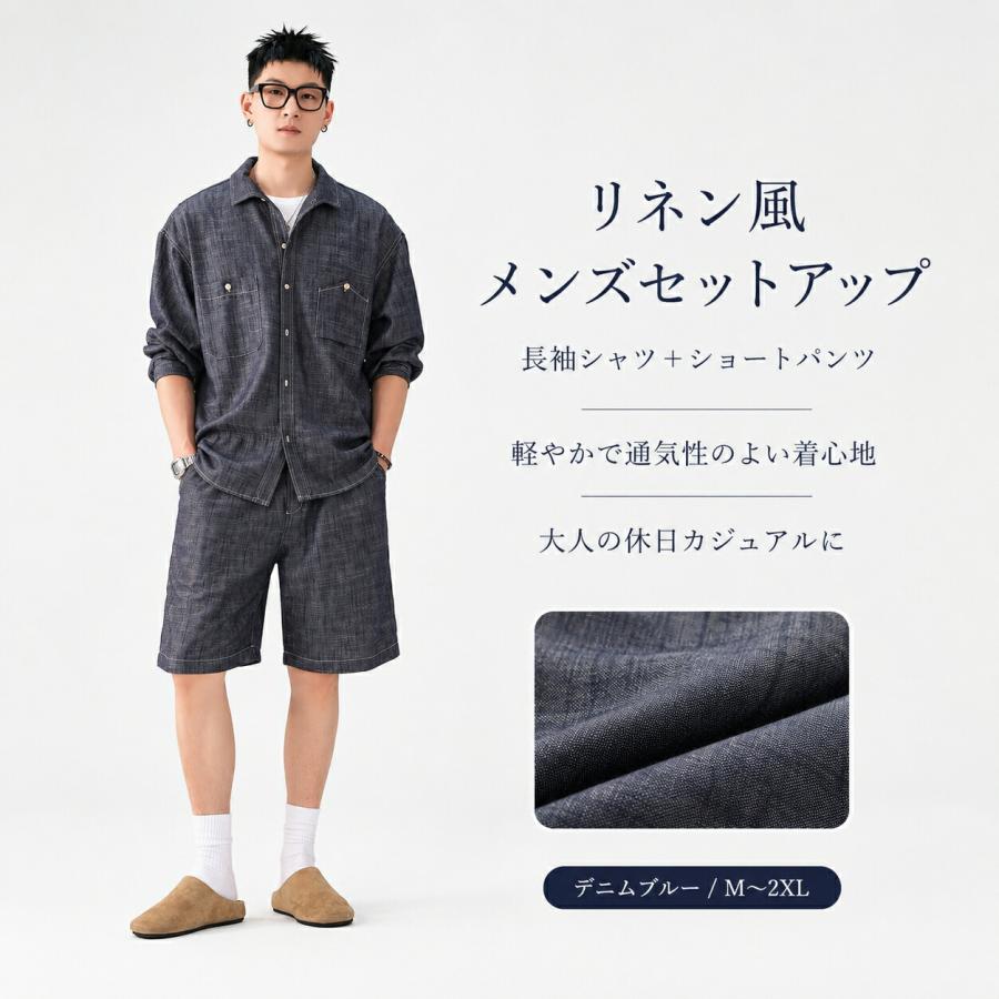 セットアップ メンズ 夏 長袖シャツ ショートパンツ 上下セット リネン