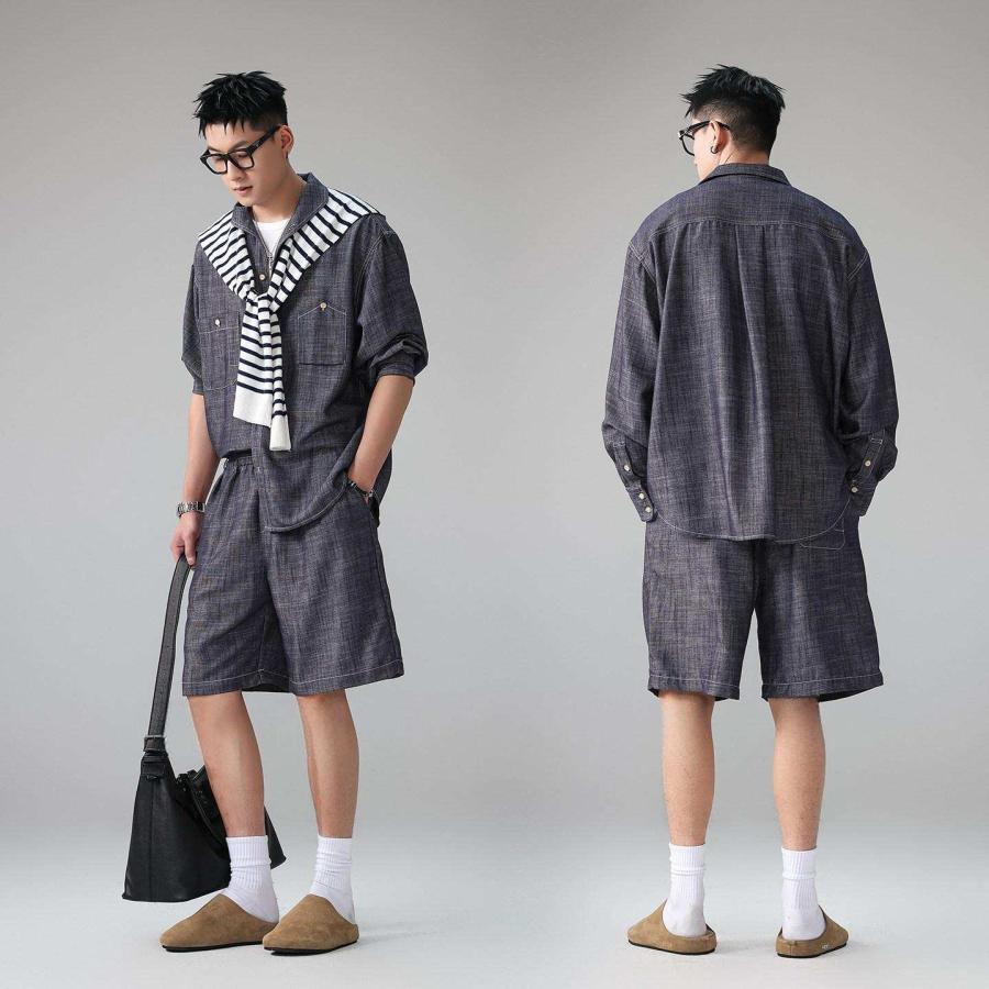 セットアップ メンズ 夏 長袖シャツ ショートパンツ 上下セット リネン