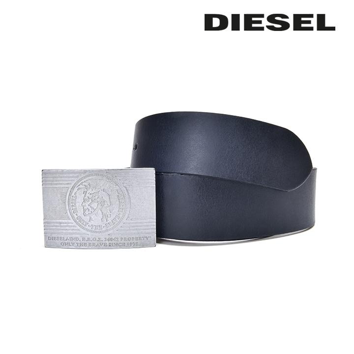 DIESEL ブラックレザーベルト メタルバックル DIESEL ディーゼル ベルト 本革 レザーベルト 無地 ロゴ メタル