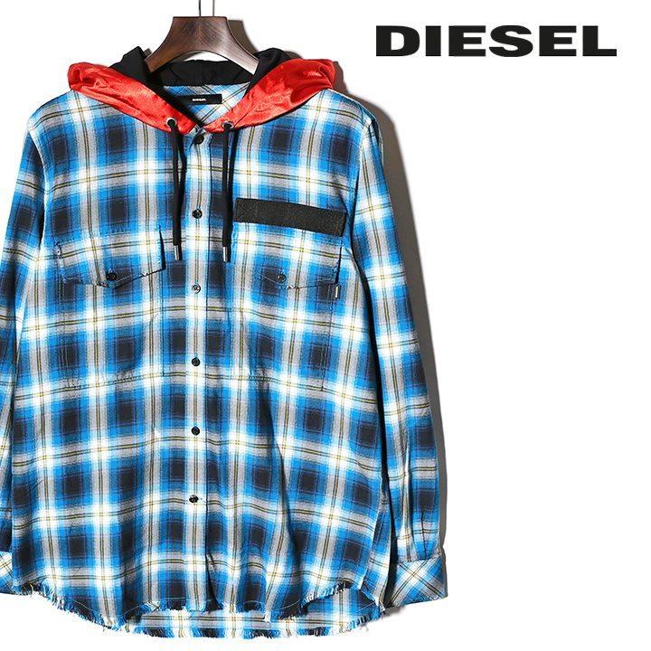 DIESEL ディーゼル 長袖シャツ メンズ サテン切替フード フリンジ 