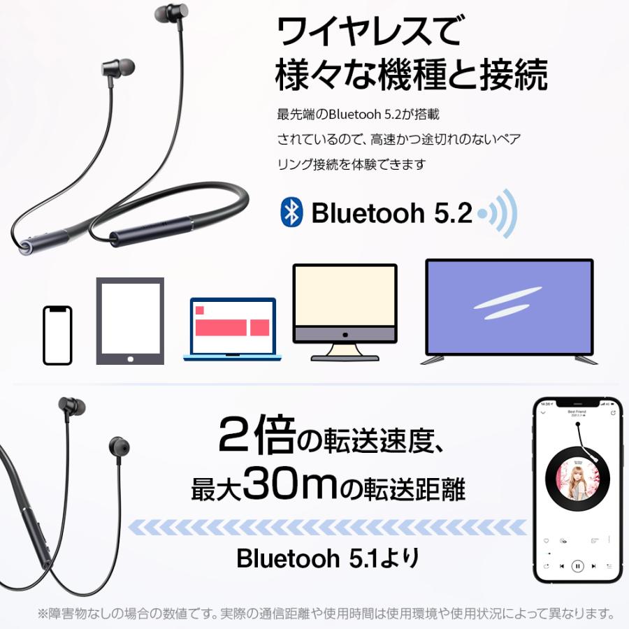 ワイヤレスイヤホン Bluetooth 5.2 首掛け ネックバンド型 CVC8.0 IPX7防水 マグネット USB充電式 最大18時間連続再生 AAC対応 Hi-Fi高音質 軽量｜tutuyo｜15