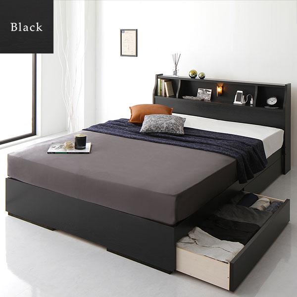 日本激安販壳サイト ベッド シングルベッド マットレス付き 片面仕様 ブラック 収納付き 木製 コンセント付き 日本製フレーム