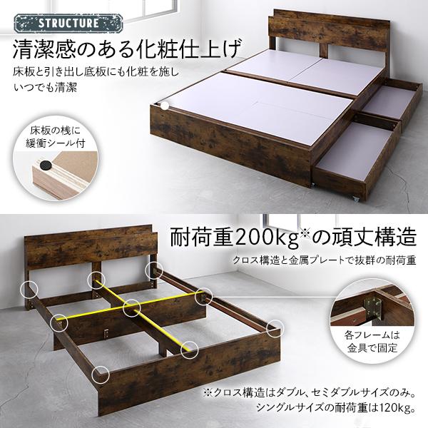 【値下げ・名盤】 ベッド ダブルベッド マットレス付き ヴィンテージブラウン 収納付き 宮付き コンセント付き 【W1229338050】(44686円)