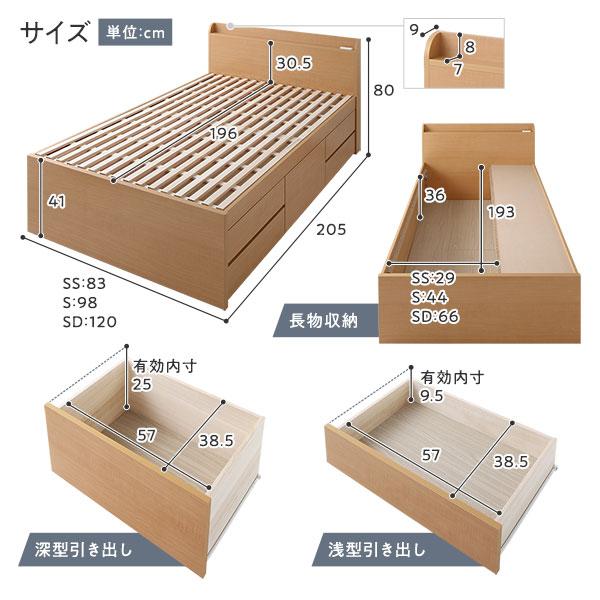 日本公式オンライン 〔お客様組み立て〕 収納 ベッド 宮付き 通常丈 シングル 3ゾーンポケットコイルマットレス付き ナチュラル 収納付 棚付 すのこ 日本製