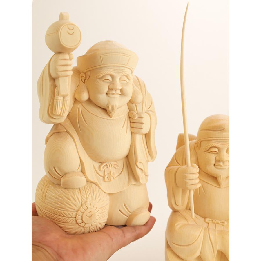 総高21cm】恵比寿大黒 木彫り 置物 一刀彫 / 材料：桧（木彫 縁起物 木 