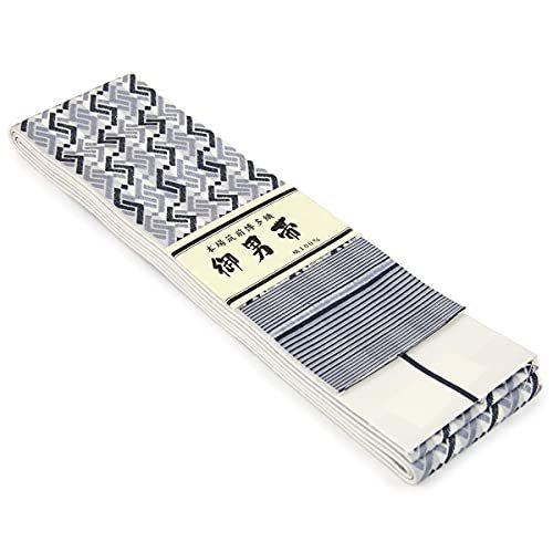 角帯 正絹 -87- 博多帯 長尺 男帯 浴衣帯 絹100% 連続文様 ホワイト系 白色/銀鼠色 