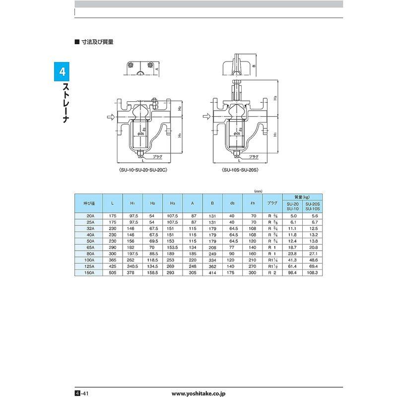 ストレーナー　ヨシタケ　U型ストレーナー　60メッシュ　冷温水用　本体SCS　最高温度220℃　フランジ接続JIS10K　接続口径50A　型式SU-10