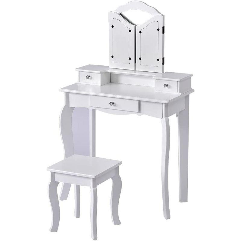 OSJ おままごとドレッサー 子供用ドレッサー 木製 三面鏡 スツール付き