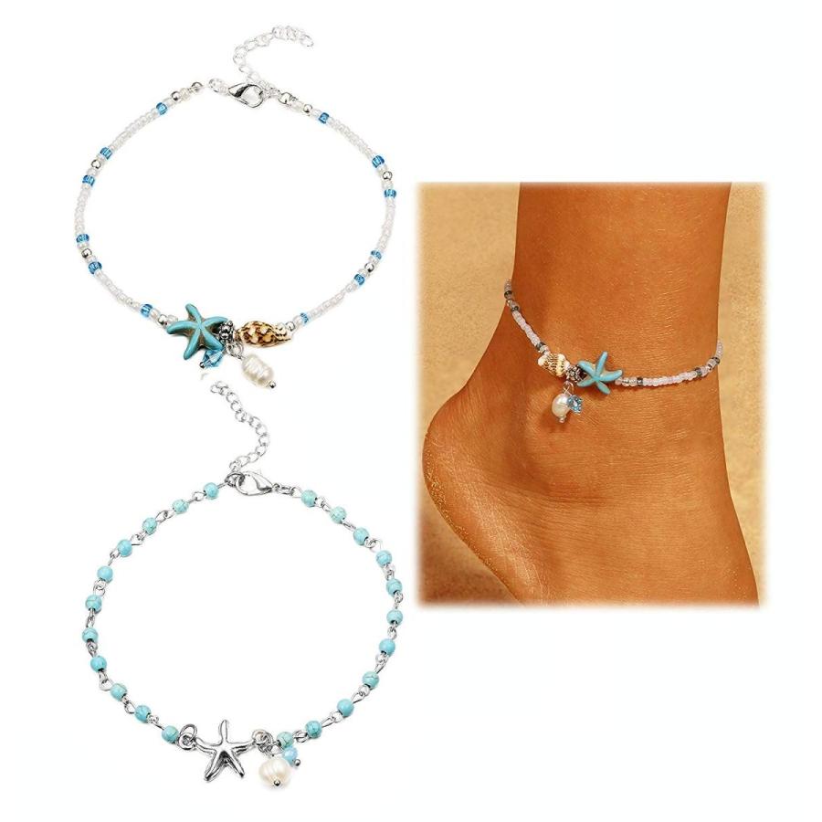 Loyallook 2ピースビーチアンクレットブレスレットフットジュエリーアンクレット用女性ミニビーズパールチャームチェーン調節可能な女性用