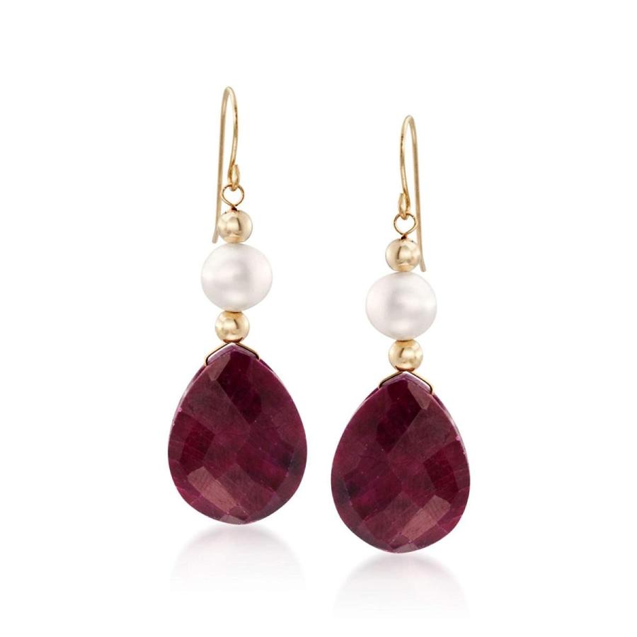 Ross-Simons 20.00 ct. t.w. Ruby and Cultured Pearl Earrings in 14kt Ye