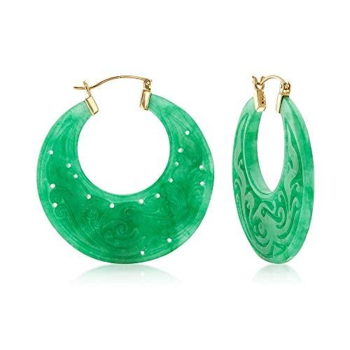 Ross-Simons Carved Green Jade Hoop Earrings With 14kt Yellow Gold