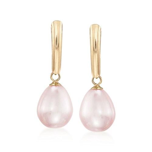 Ross-Simons 8.5-9mm Pink Cultured Pearl Drop Earrings in 14kt Yellow G