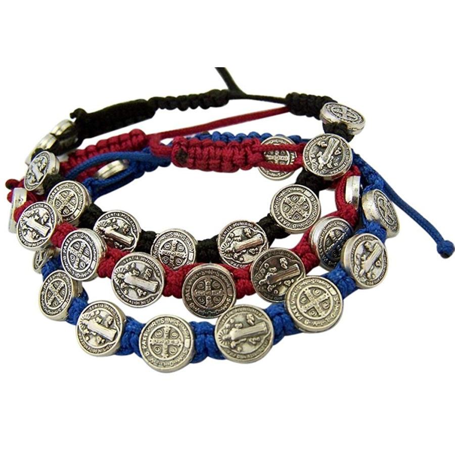 Saint Benedict Evil Protection Medal on Adjustable Cord Bracelet, Set