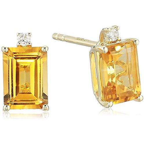 Effyウィメンズ14Kイエローゴールドシトリン/ダイヤモンドスタッドピアス、ワンサイズ