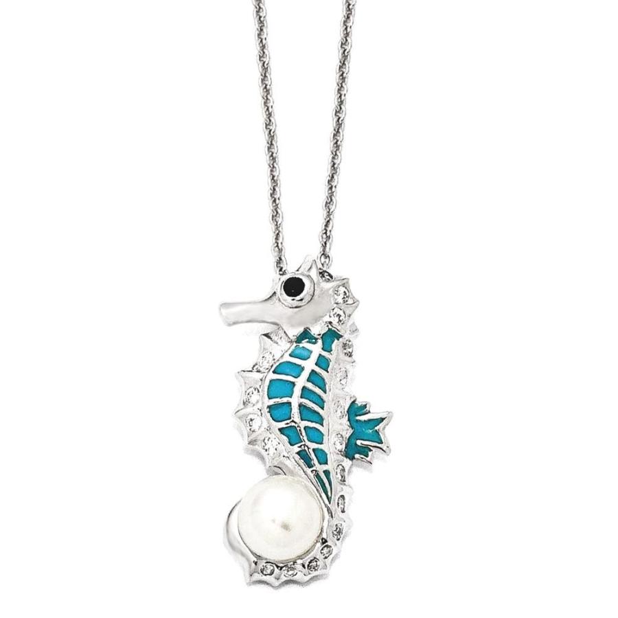 925スターリングシルバーロードメッキキュービックジルコニアCz淡水養殖真珠エナメルタツノオトシゴ18インチチェーンネックレスペンダントチャ