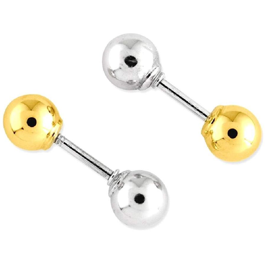 14 kツートンイエローゴールドリバーシブル4 mmボールイヤリングボタンファインジュエリーギフト用女性用彼女