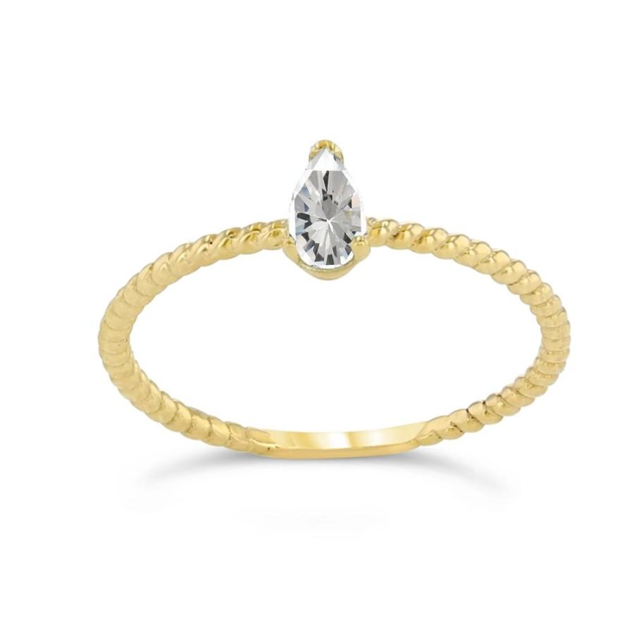 Dainty 10k Yellow Gold Solitaire CZ Pear-Shaped Modern Engagement Rope