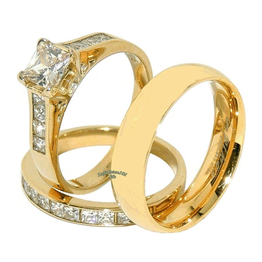 限定価格セール！ PCS 3 His/Hers Lanyjewelry Princess Rin Steel Stainless IP Gold CZ Cut ウエディンググローブ