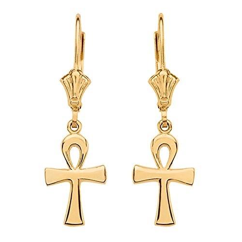 Polished 10k Gold Egyptian Ankh Cross Leverback Earrings