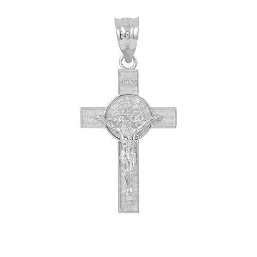 Solid 14k White Gold St. Benedict Crucifix Cross Charm Pendant (1.30