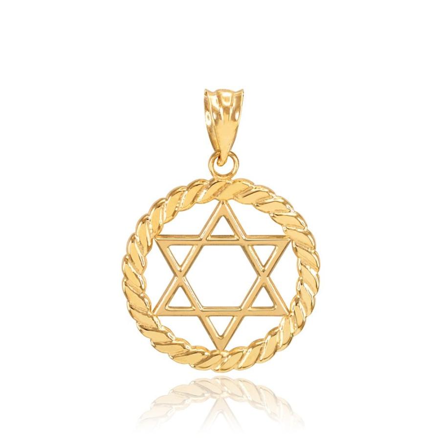 超ポイントアップ祭 Gold Yellow 14k Jewish Pendant Rope Circle in David of Star ネックレス、ペンダント